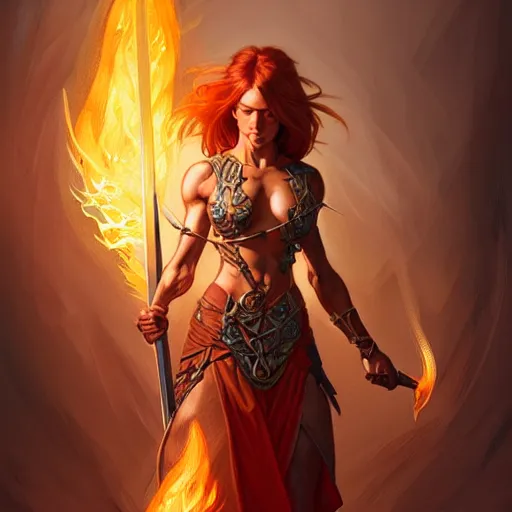 Image similar to female holding a flaming sword, muscular upper body, D&D, fantasy, intricate, elegant, highly detailed, digital painting, artstation, concept art, smooth, sharp focus, illustration, art by artgerm and greg rutkowski and alphonse mucha