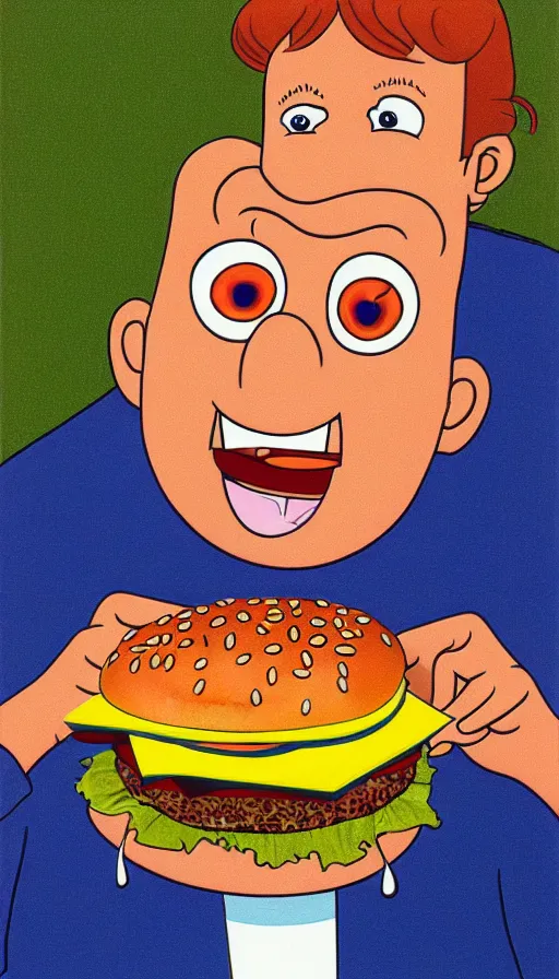 Prompt: nickelodeons doug eating a hamburger 1 9 9 1. portrait by jean giraud and anton otto fischer