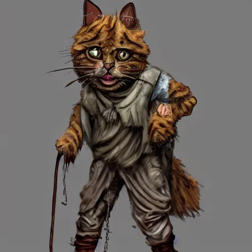 Image similar to dirty homeless humanoid cat wearing rags, concept art, d & d, fantasy, trending on artstation