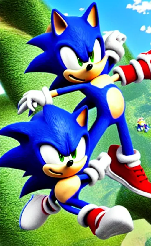 Prompt: super super super epic cinematic shot of sonic the hedgehog, sonic unleashed, apotos day zone, 8k miyazaki anime scene, motion blur, red shoes, green eyes, ++++++ super super super dynamic action running, concept photos, dynamic lighting, dynamic shaders, sunny day, amazing quality