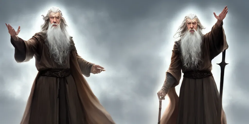 Image similar to a handsome bearded white male sorcerer, he is casting a spells coming from his hands. looks similar to gandalf but with brown hair, epic composition, closed hands, waist up, trending on artstation, concept art,