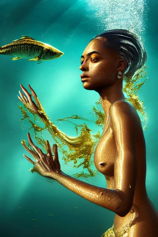 Image similar to hyperrealistic precisionist cinematic half underwater scene with fish and algae, very expressive! translucent elegant african goddess getting out of water, gold jewerly, highly detailed face, digital art masterpiece, aykut aydogdu zener, dramatic volumetric light, long shot, low angle uhd 8 k, sharp focus