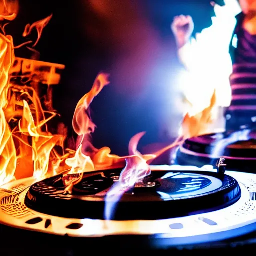 Prompt: the dj decks on fire