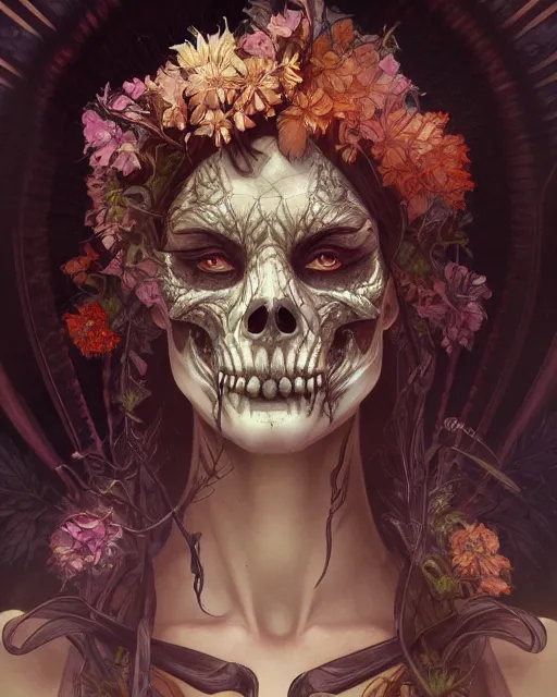 Image similar to portrait of grim reaper, burning face, upper body, decorated with cannabis flowers, intricate, elegant, highly detailed, digital painting, artstation, concept art, smooth, sharp focus, illustration, art by artgerm and greg rutkowski and alphonse mucha, 8 k