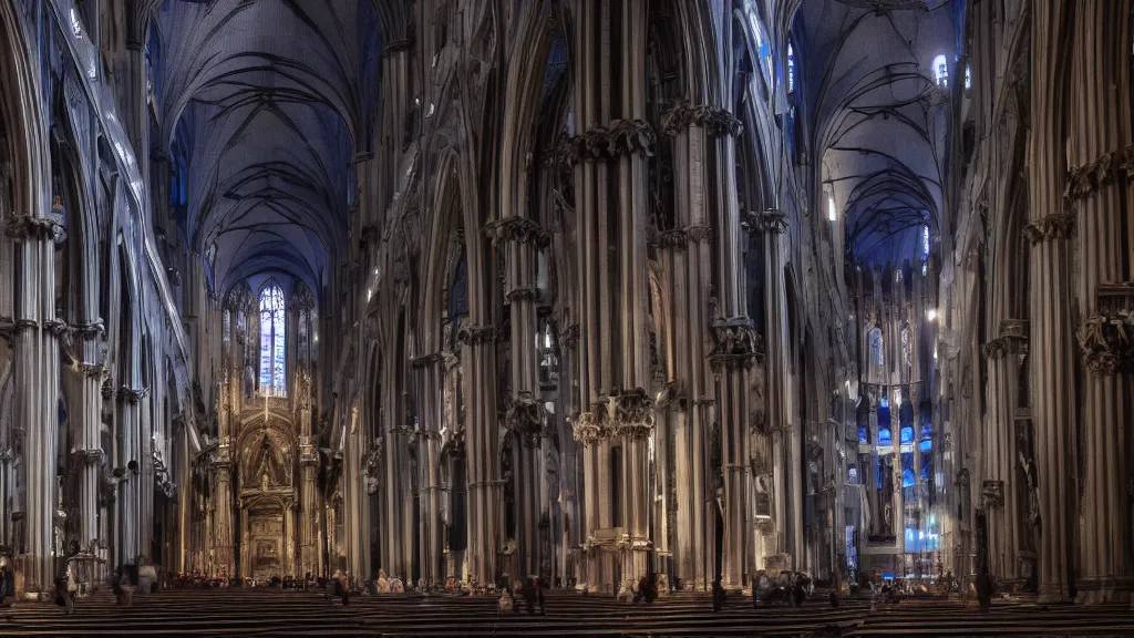 Image similar to TARDIS inside the Milan cathedral, hyper-realistic, octane render, matte