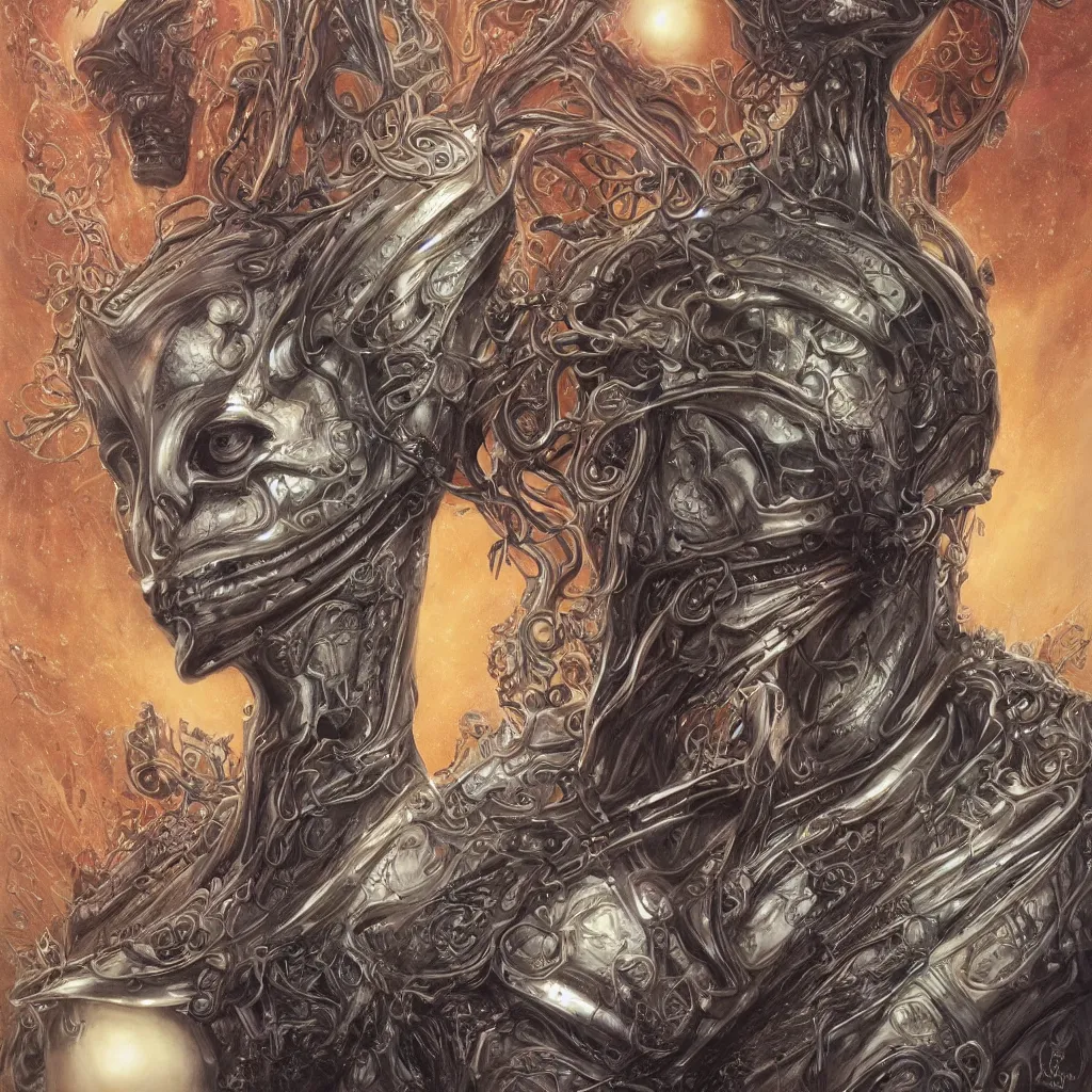 Prompt: beautiful and exotic alien queen bust portrait, glowering judging eyes, art nouveau declotage, perfect symmetrical facial features, hyperrrealistic bone structure, extremely hyperdetailed, mixed media painting, unreal engine, 8 k, octane, 8 mm, by travis charest, rodney matthews and olivia de bernardinis