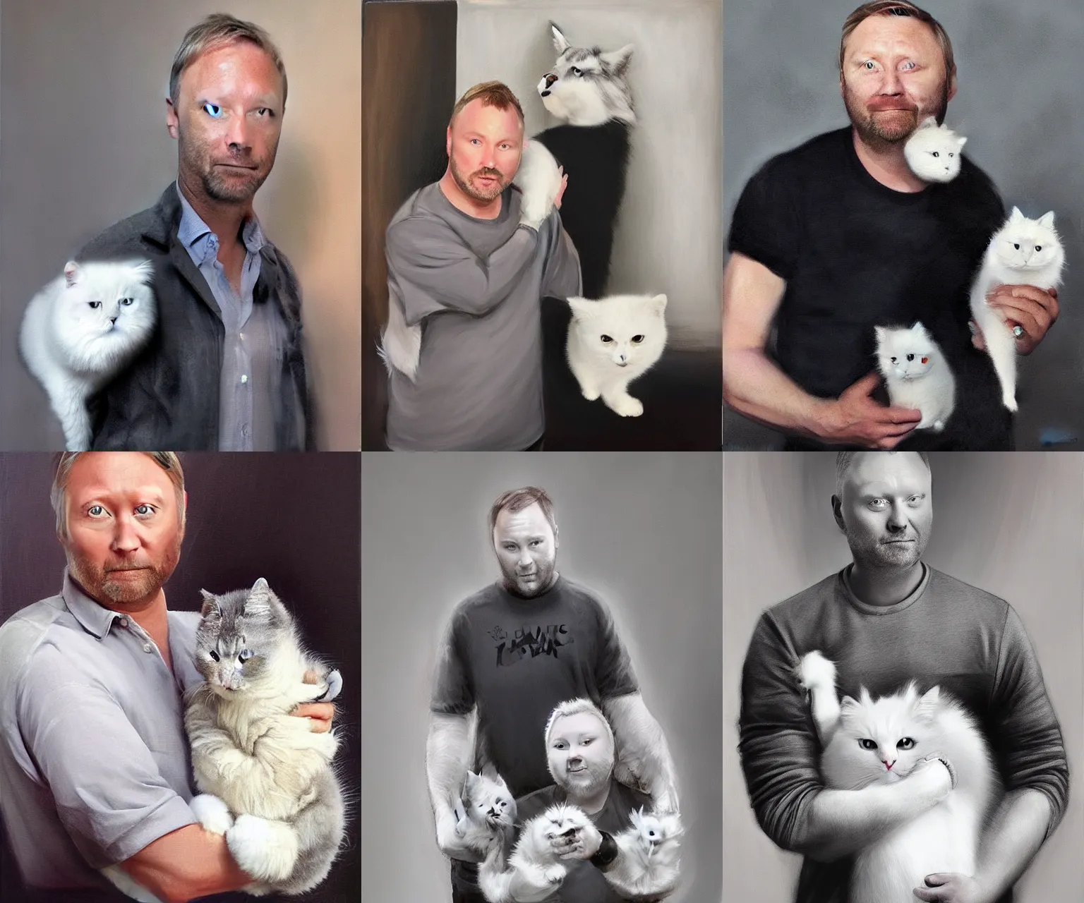 Prompt: a white man with dark grey hair that looks exactly like limmy wearing a grey tshirt standing beside his fluffy white cat, epic painting by James gurney