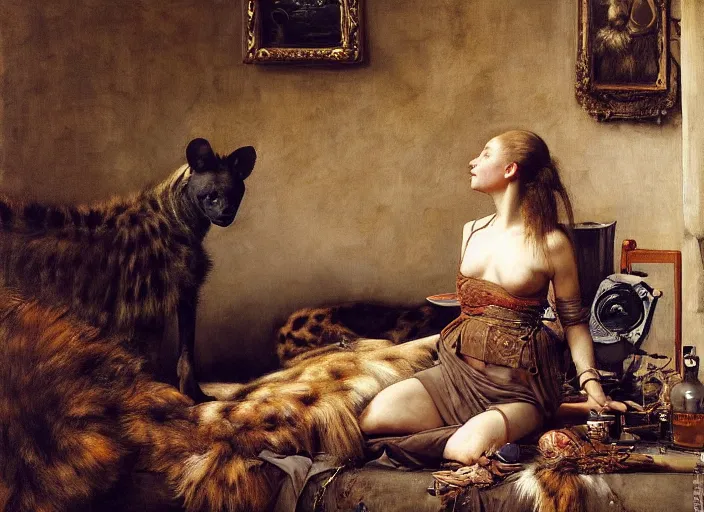 Image similar to an exhausted hyena girl in her studio with a bottle of whisky, fluffy, furry pelt, furry body. highly detailed painting by edgar maxence and caravaggio and michael whelan and delacroix style, artistic, intricate drawing, cinematic lighting, hyper realistic, extremely detailed, establishing shot, 8 k resolution, dramatic lighting