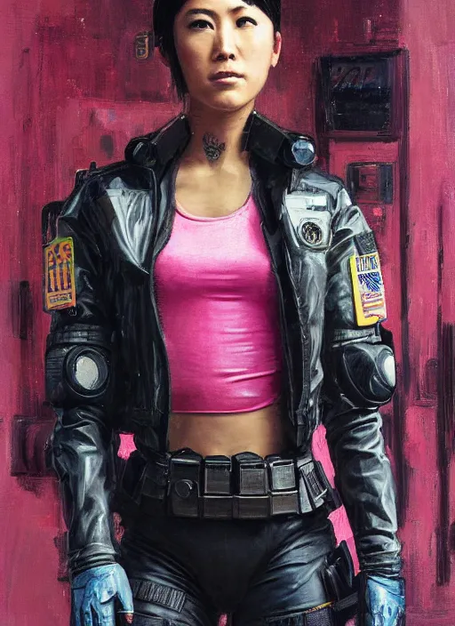 Prompt: Nikki tanaka. beautiful cyberpunk female USN marine wearing a military vest and a black and pink tactical catsuit (cyberpunk 2077, bladerunner 2049). gorgeous face. Iranian orientalist portrait by john william waterhouse and Edwin Longsden Long and Theodore Ralli and Nasreddine Dinet, oil on canvas. Cinematic, hyper realism, realistic proportions, dramatic lighting, high detail 4k