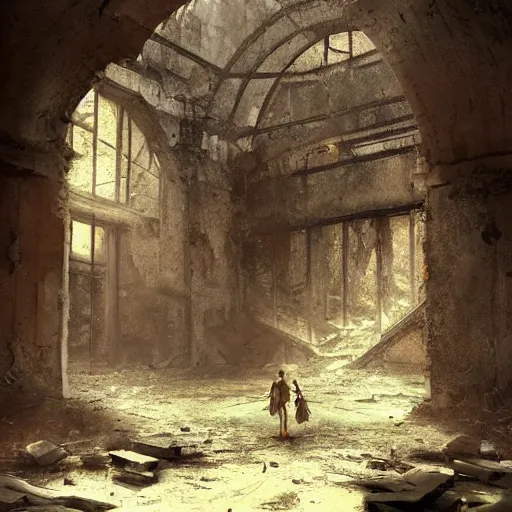 Prompt: lonely wanderer in abandoned ruins, trending on artstation, by Samori Nicola