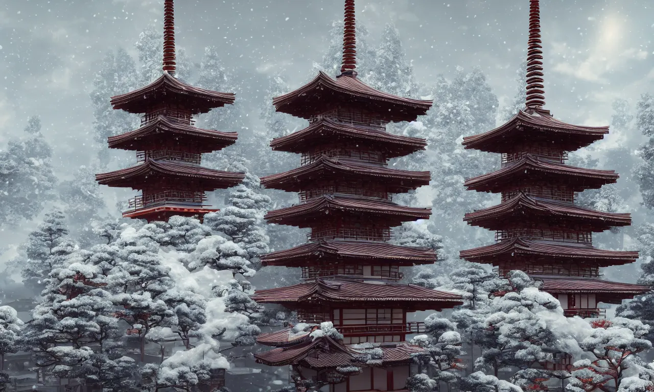 Prompt: japanese pagoda in cyberpunk snow mountain capital, amalgamation of the past and the future, science fiction, extreme detail, backlight, volumetric light, unreal 5, octane rendering, vray, maya
