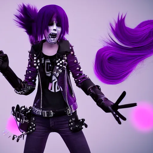 Prompt: high detail unreal engine render of a punk girl with purple emo hair, a skull shirt, and studded arm bands screaming into a microphone in pixar style 4 k