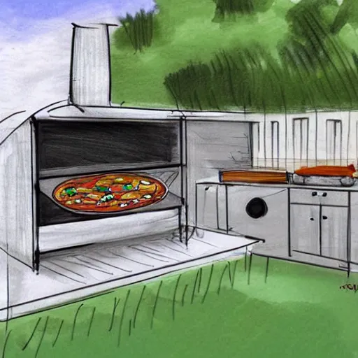 Prompt: new concept for small outdoor kitchen design with grill and pizza oven, designer pencil sketch, HD resolution