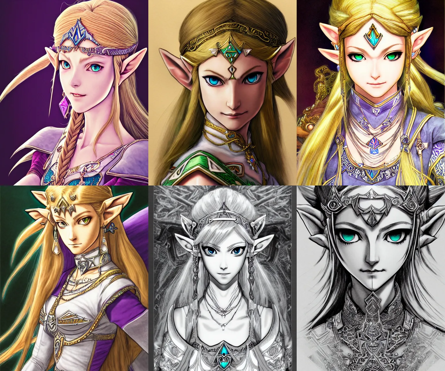 Prompt: portrait of princess zelda, twilight princess, beautiful, fantasy, artstation, trending, intricate lining, focus, smooth, by hirohiko araki and yoshitaka amano