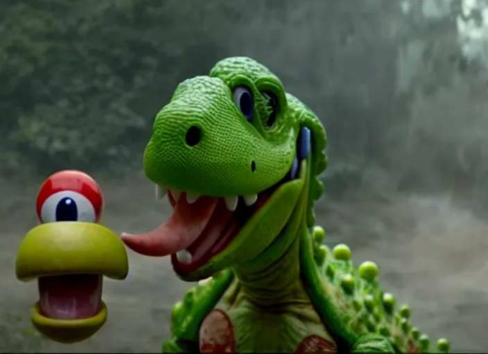 Image similar to film still of yoshi in the new sci - fi movie, cute upright standing upright upright dinosaur standing on its hind legs with a small red turtle shell and sticking out a long sticky tongue, 8 k