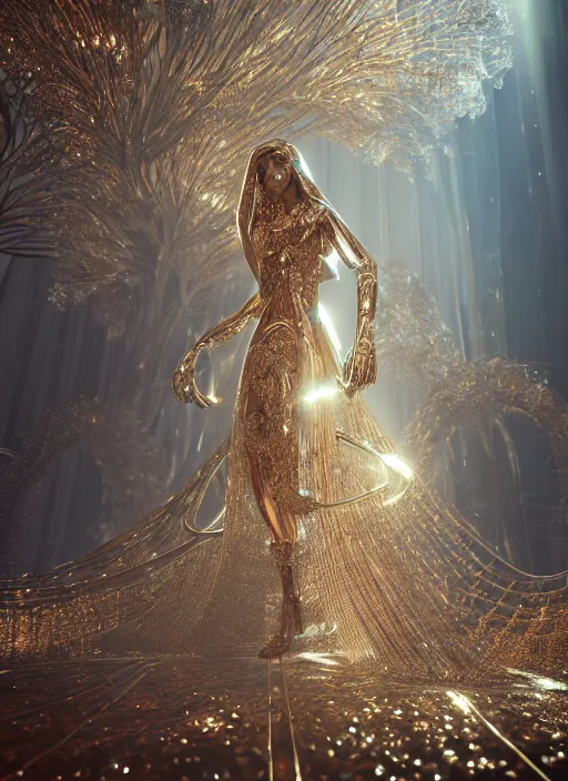 Image similar to beauteous sumptuous, futuristic catwalk fashion show, crystal, gold, copper, bronze, crystalline masterpiece incrustations, by victoria frances, hyperdetailed metalwork, movie still, intricate, octane render, cinematic forest lighting, unreal engine, crepuscular rays, god rays