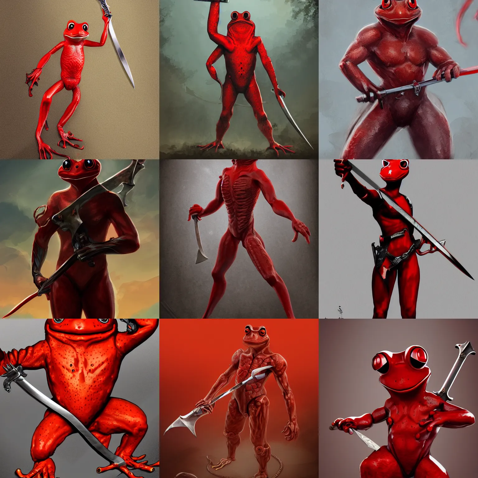 Prompt: A human-ish red frog with a sword in hand, digital art, beautiful, wallpaper 4K, epic, detailed, sharp, trending on artstation and behance