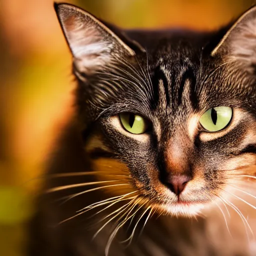 Prompt: closeup of a cat in a forest about to eat a worm, backlit, macro shot, golden hour, low angle