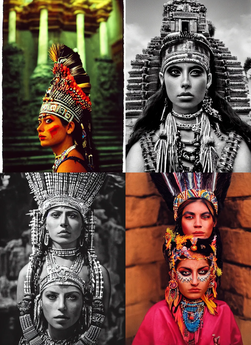 Prompt: A hyper realistic and detailed head portrait photography of Aztec princess on a temple. by Annie Leibovitz. Neo noir style. Cinematic. torch lights and glow in the background. Cinestill 800T film. Lens flare. Helios 44m