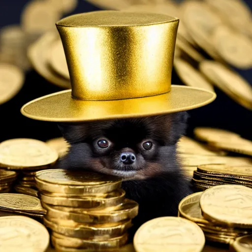 Image similar to A pomeranian wearing a top-hat, sitting on top of a large pile of gold coins