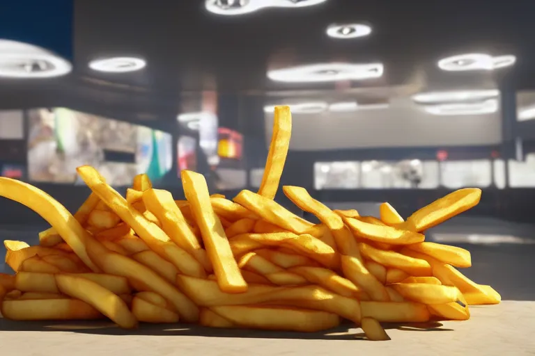 Image similar to a commercial with a 3d rendered snake spitting french fries, commercial, 3d render, Mc donalds, 4k, sharp, by Beeple, Octane Render, cinema 4d