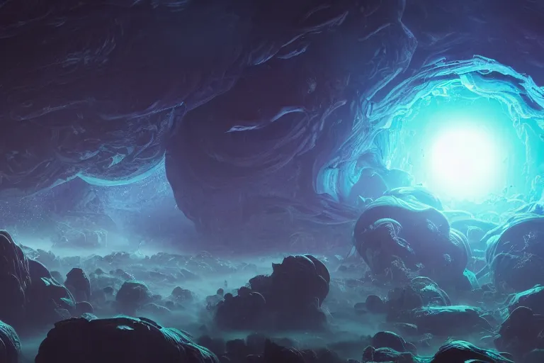 Prompt: A view from space of an Eldritch Organic Planet of The Void made of eyeballs and tentacles, Purple and Blue colored, 4k, masterpiece, cinematic, glowing, by Greg Rutkowski, Trending on Artstation, Behance. Polished, Volumetric Lighting