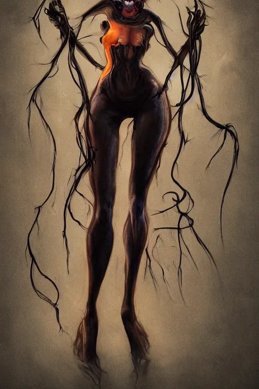 Image similar to dark full body painting of tracer from overwatch, in style of zdzisław beksinski, scary, horror, 4 k, feminine facial features, overwatch tracer character, horror, body horror, disturbing, detailed face, dressed in dark garment, black tendrils, tall, long legs,