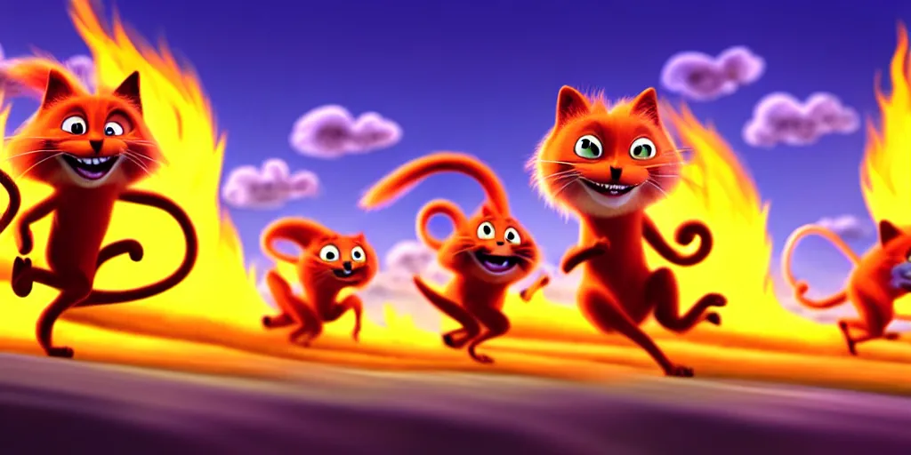 Image similar to cartoon concept art, terrified animal characters running from the fire, spiral clouds, from lorax movie