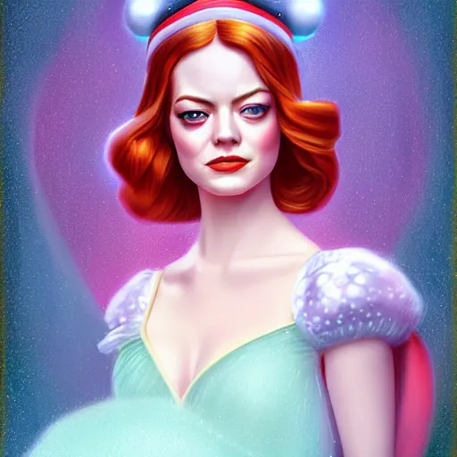 Image similar to digital painting of Emma Stone as a Disney princess wearing snow white's dress, Pixar style, professional studio lightening, volumetric lightening, photorealism by Tristan Eaton Stanley Artgerm and Tom Bagshaw