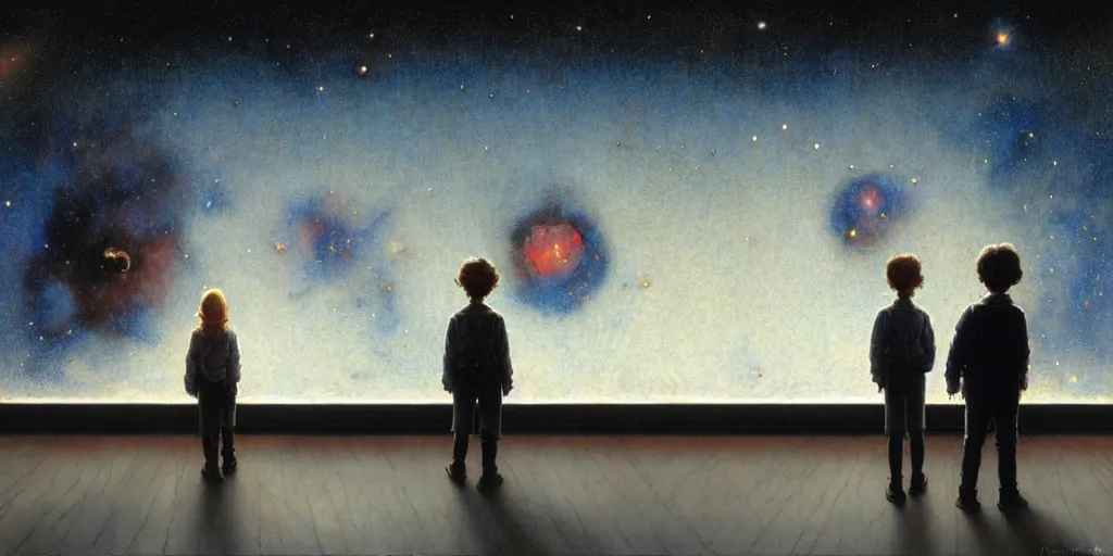 Image similar to a 5 year old boy and 1 2 year old girl looking at a wall and viewing the universe full of galaxies, imagination, part by norman rockwell, part by greg rutkowski, part by mattias adolfsson, high angle, ( ( ( ( volumetric lighting ) ) ) ), oil on canvas