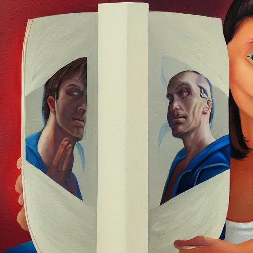 Image similar to a realistic painting of three male and one female characters emerging from inside a book, trending on artstation, detailed digital art