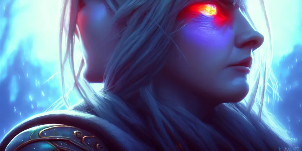 Image similar to ( ( ( ( ( hyperrealist distant portrait of sylvanas windrunner on a blue planet where it rains colors. ) ) ) ) ) by bayard wu, fantasy, photorealistic, octane render, unreal engine, dynamic lighting, trending on artstation, poster, volumetric lighting, very detailed faces, 4 k, award winning