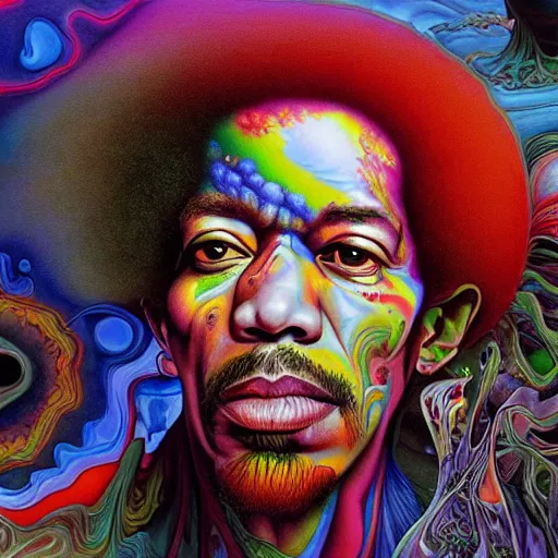 Prompt: ultrawide angle colour masterpiece surreal closeup portrait photography of jimi hendrix playing on stage by miho hirano and annie leibovitz and michael cheval, weird surreal epic psychedelic complex biomorphic 3 d fractal landscape in background by kilian eng and roger dean and salvador dali and beksinski, 8 k