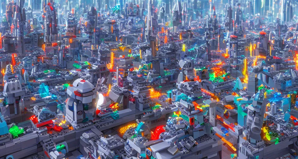 Image similar to sci - fi futuristic city made of lego bricks, pixar, disney 3 d, 8 k, octane render, still from lego movie