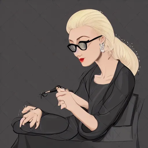 Image similar to middle aged beautiful french woman with blonde hair tied in a strict bun, busy manicuring nails, spectacles, lots of makeup, arrogant, rich, expensive voluminous dress, digital art, high quality, 8 k, detailed, d & d character,