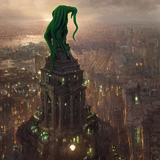 Image similar to cthulhu towering over a city, volumetric lighting, 8 k octane beautifully detailed render, post - processing, extremely hyper - detailed, intricate, epic composition, cinematic lighting, masterpiece, trending on artstation, detailed detailed detailed, masterpiece, stunning art by anders zorn, wonderful masterpiece by greg rutkowski, beautiful cinematic light,