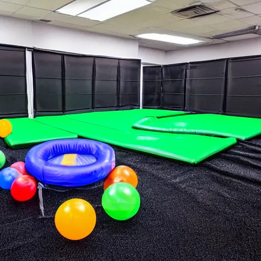 Image similar to A black trampoline next to A bouncy house with a ball pit inside a big empty room with windows