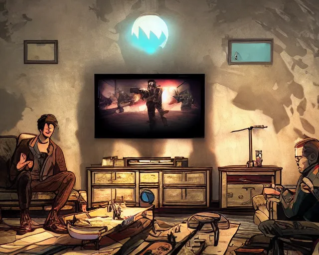 Image similar to a beautiful illustration of my friend nathan tinsley, playing fallout new vegas on the xbox 3 6 0 in his living room. the tv is the only light source, in the style of studio ghibli, artwork by studio ghibli, gamers bedroom, posters. cinematic composition, anime, digital art, featured on artstation