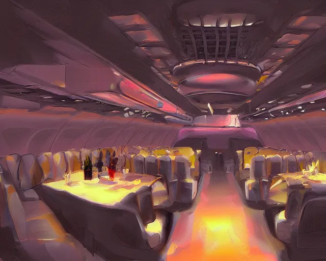 Prompt: Nightclub inside a widebody plane, concept art, digital painting