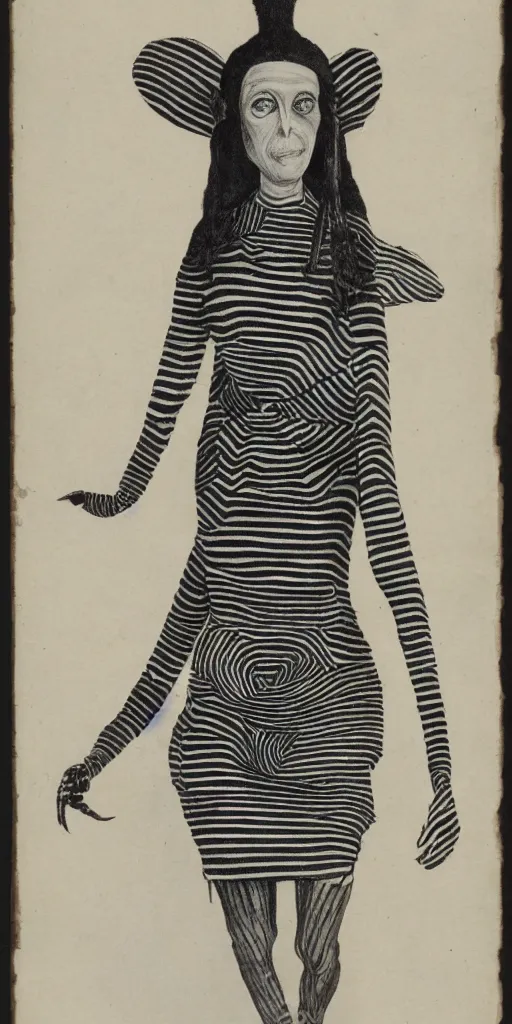 Image similar to an anthromorphic bee woman wearing striped couture made out of wax and paper