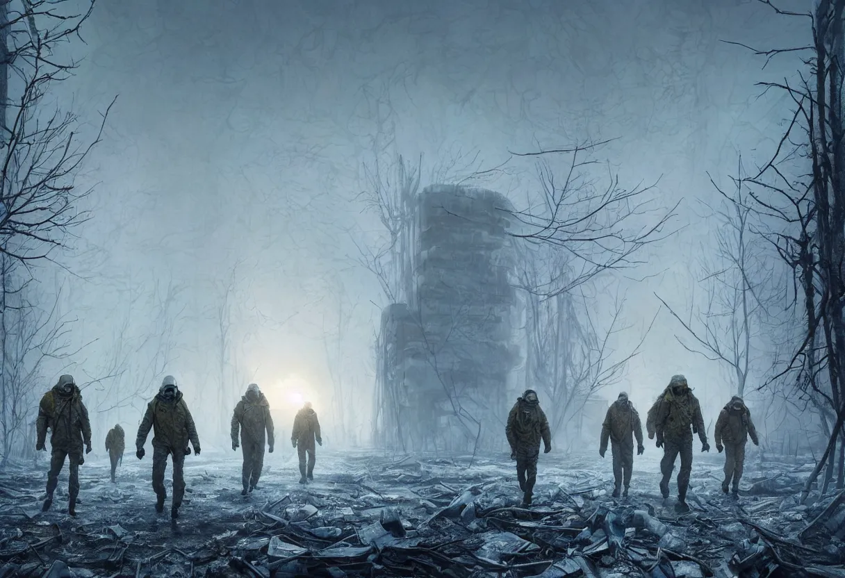Prompt: chernobyl liquidators walking in postapocalyptic winter alien planet surface, 4 k, high quality, sharp focus, ultra high definition, ultra detailed, symmetry, fog, matte painting, by greg rutkowski and ross tran and wlop