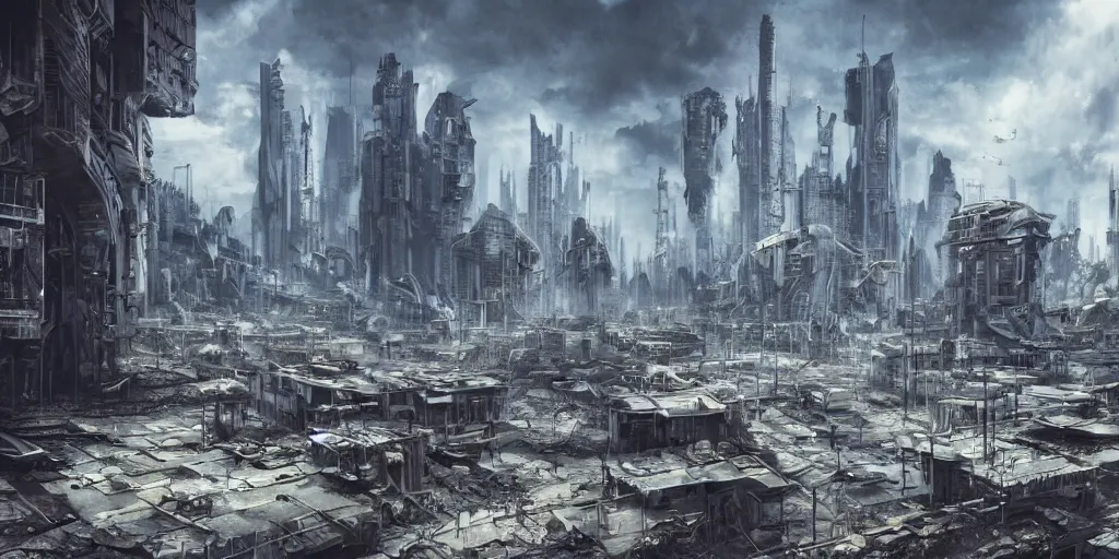 Image similar to futuristic post apocalyptic city, dystopia, 4 k