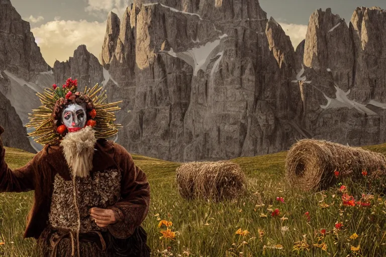 Image similar to portrait of a tyrolean folklore mask, wearing hay coat, with horns, eerie, flowers growing out of his body, dolomites in the background, detailed intricate insanely detailed octane render, 8k artistic 1920s photography, photorealistic, chiaroscuro, by David Cronenberg, Raphael, Caravaggio