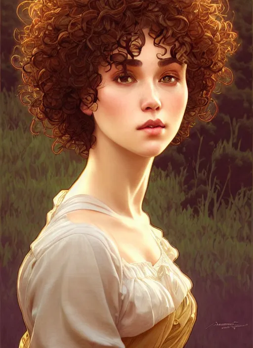 Image similar to a woman with short curly hair, round face, cottagecore!!, river, trees, intricate, elegant, highly detailed, digital painting, artstation, concept art, smooth, sharp focus, illustration, art by artgerm and greg rutkowski and alphonse mucha