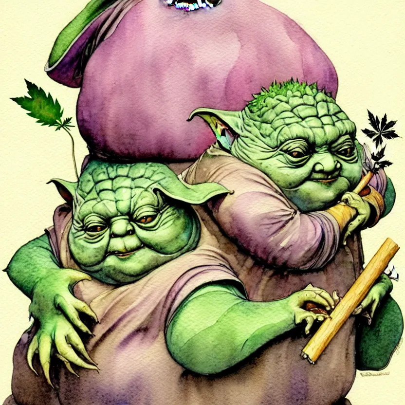 Image similar to a realistic and atmospheric watercolour fantasy character concept art portrait of a fat yoda with pink eyes smiling and holding a blunt with a pot leaf nearby, by rebecca guay, michael kaluta, charles vess and jean moebius giraud