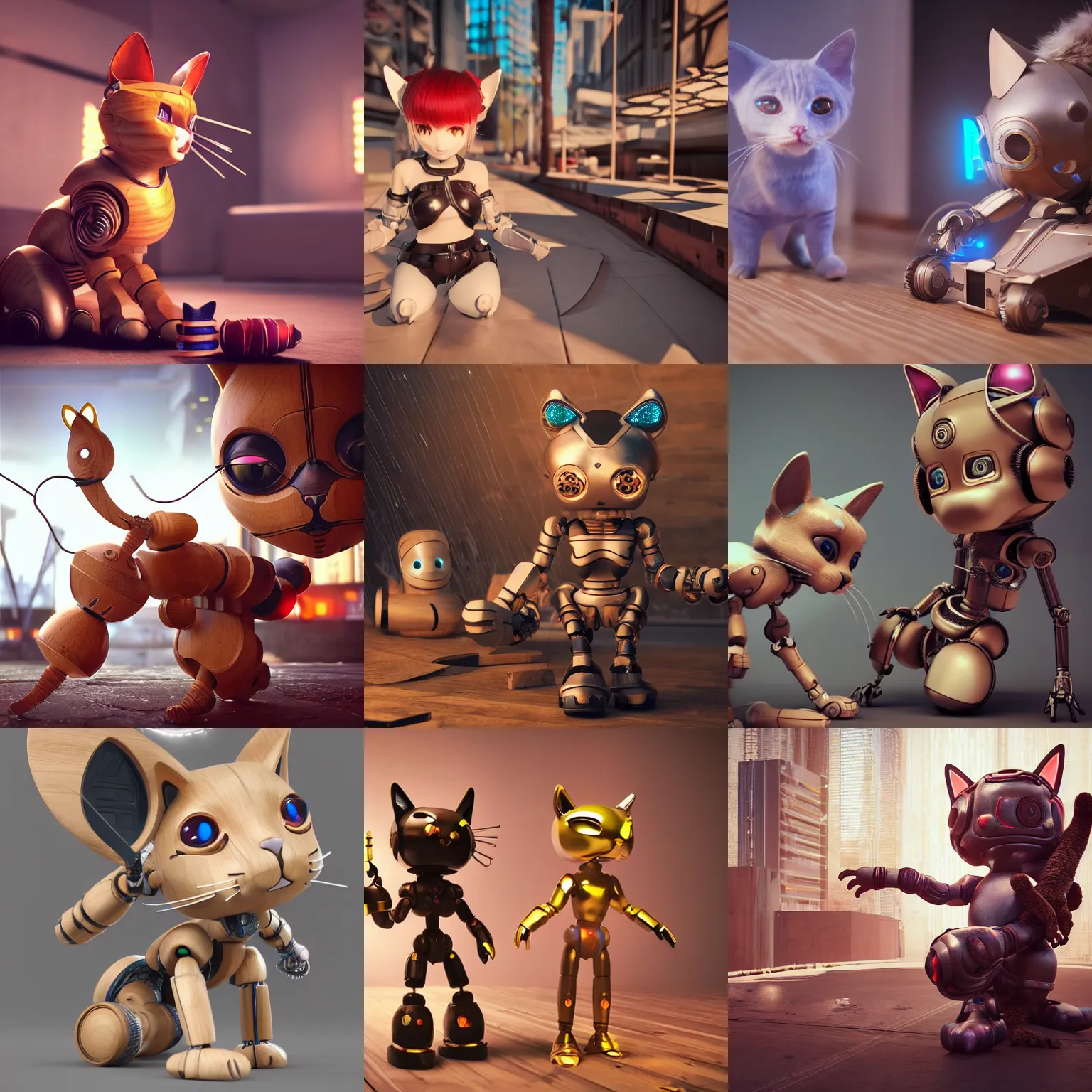 Prompt: 3 d octane render ultra 8 k photorealistic hyper detailed unreal engine an art wooden toys that represent a mythical robot your cute with cat ears cyberpunk