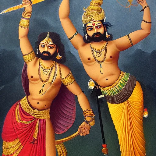 Image similar to a painting of bhima holding a mace and standing over slain duryodhana, mahabharat, an oil on canvas painting by raja ravi verma and ram chandra shukla, artstation, samikshavad, detailed painting, epic, oil on canvas h - 7 6 8