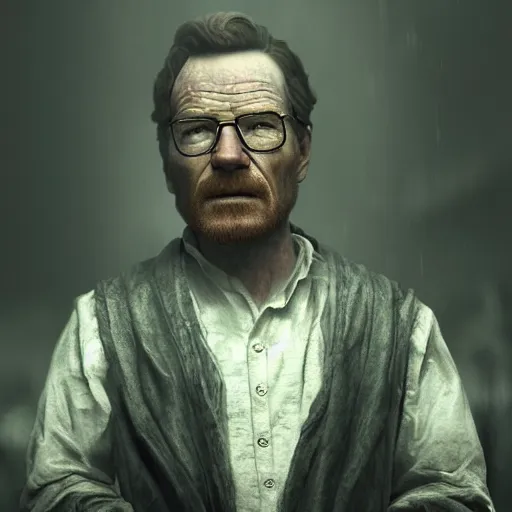 Prompt: bryan cranston in game of thrones, gloomy and foggy atmosphere, octane render, rembrandt, cgsociety, artstation trending, highly detailed