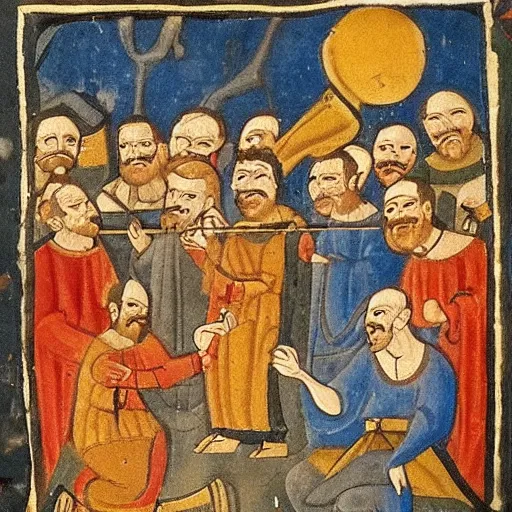 Image similar to a bunch of lads having some beers medieval scroll painting