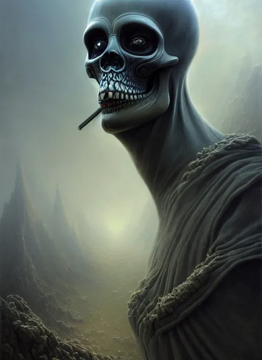 Image similar to close - up portrait of the grim reaper in a scenic dystopian environment, intricate, elegant, highly detailed, centered, digital painting, art station, conceptual art, soft, sharp focus, illustration, artwork, artgerm, tomasz alen kopera, peter mohrbacher, donato giancola, joseph christian leyendecker, wlop, boris vallejo